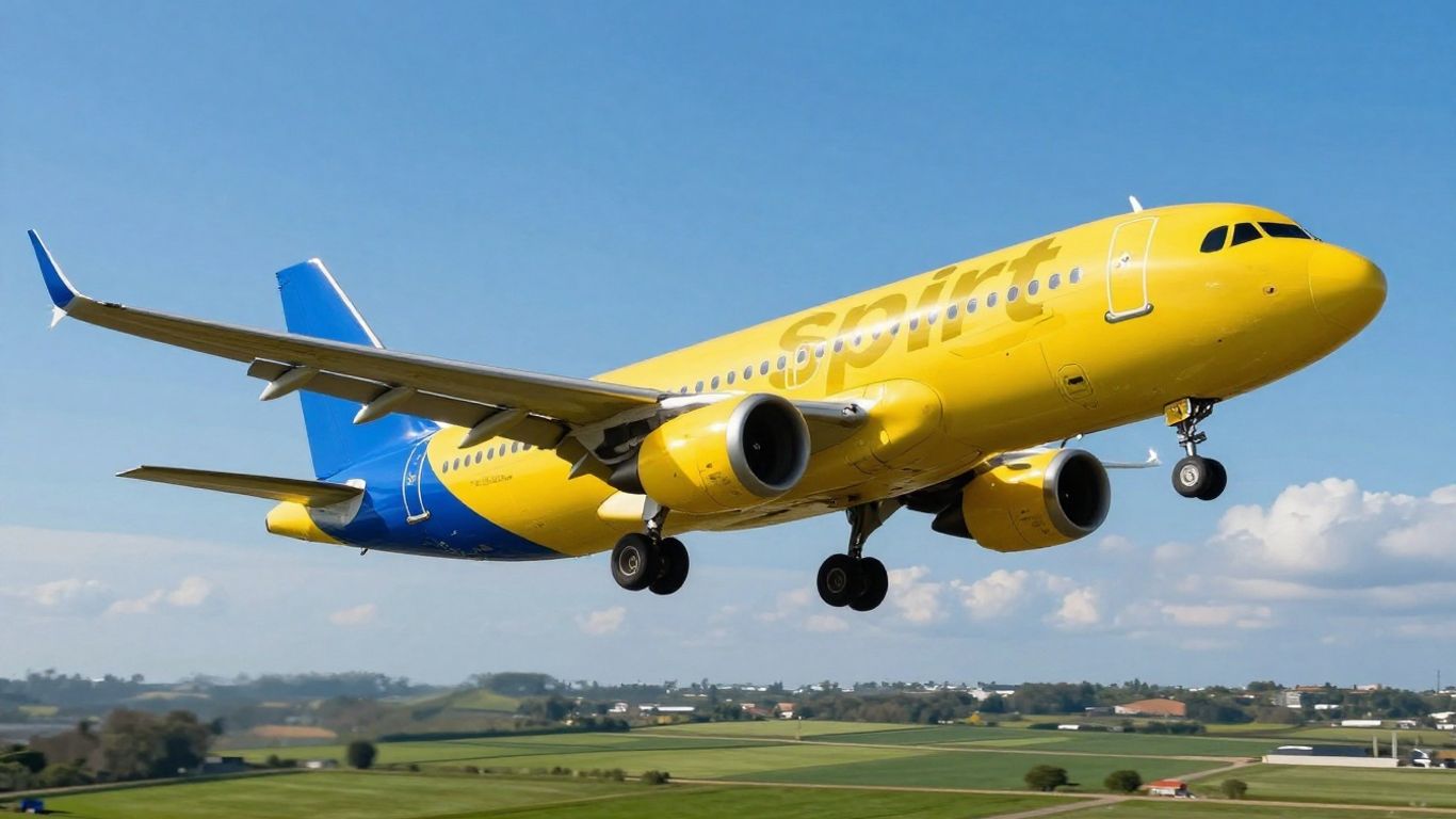 Spirit Airlines plane flying in a blue sky.
