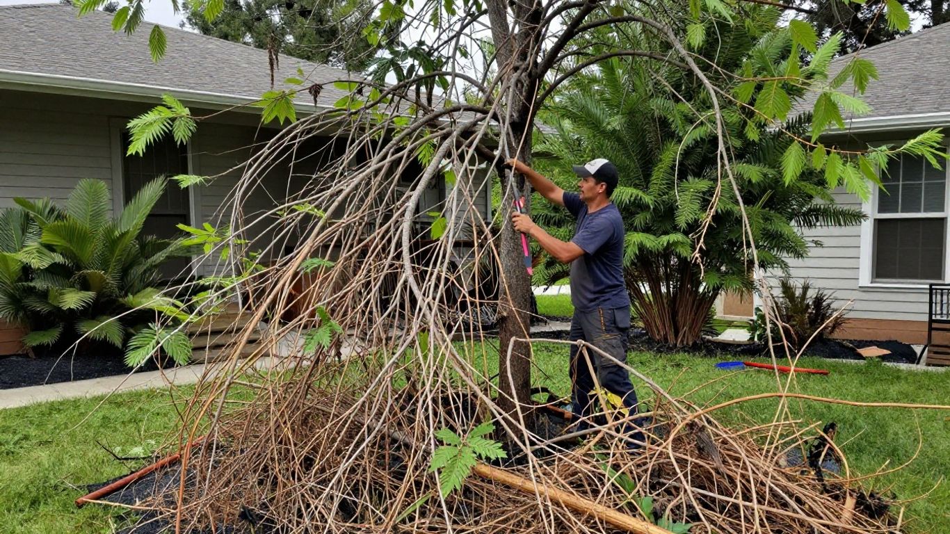 Pruning trees and clearing brush for wildfire safety.