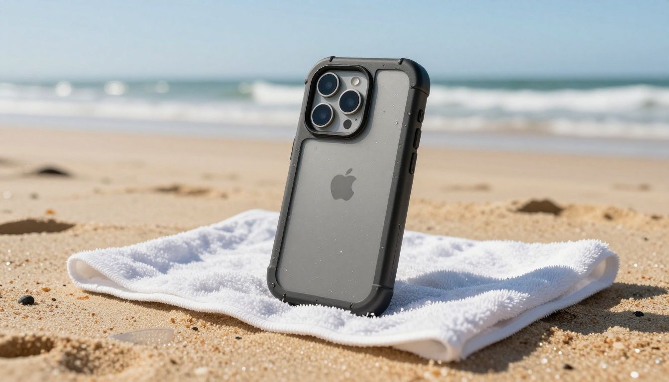 An iPhone 15 Plus in a rugged waterproof case resting on a wet, sandy towel on an Australian beach, with the ocean in the background.