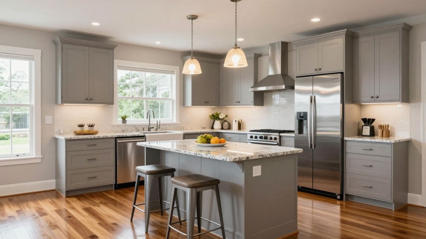 Modern kitchen renovation with granite countertops and island.