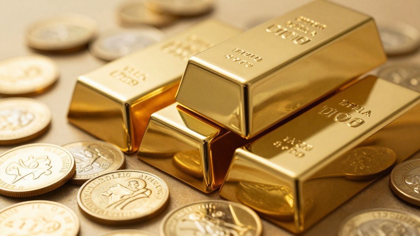 Lingots et pièces d'or brillants, gros plan.