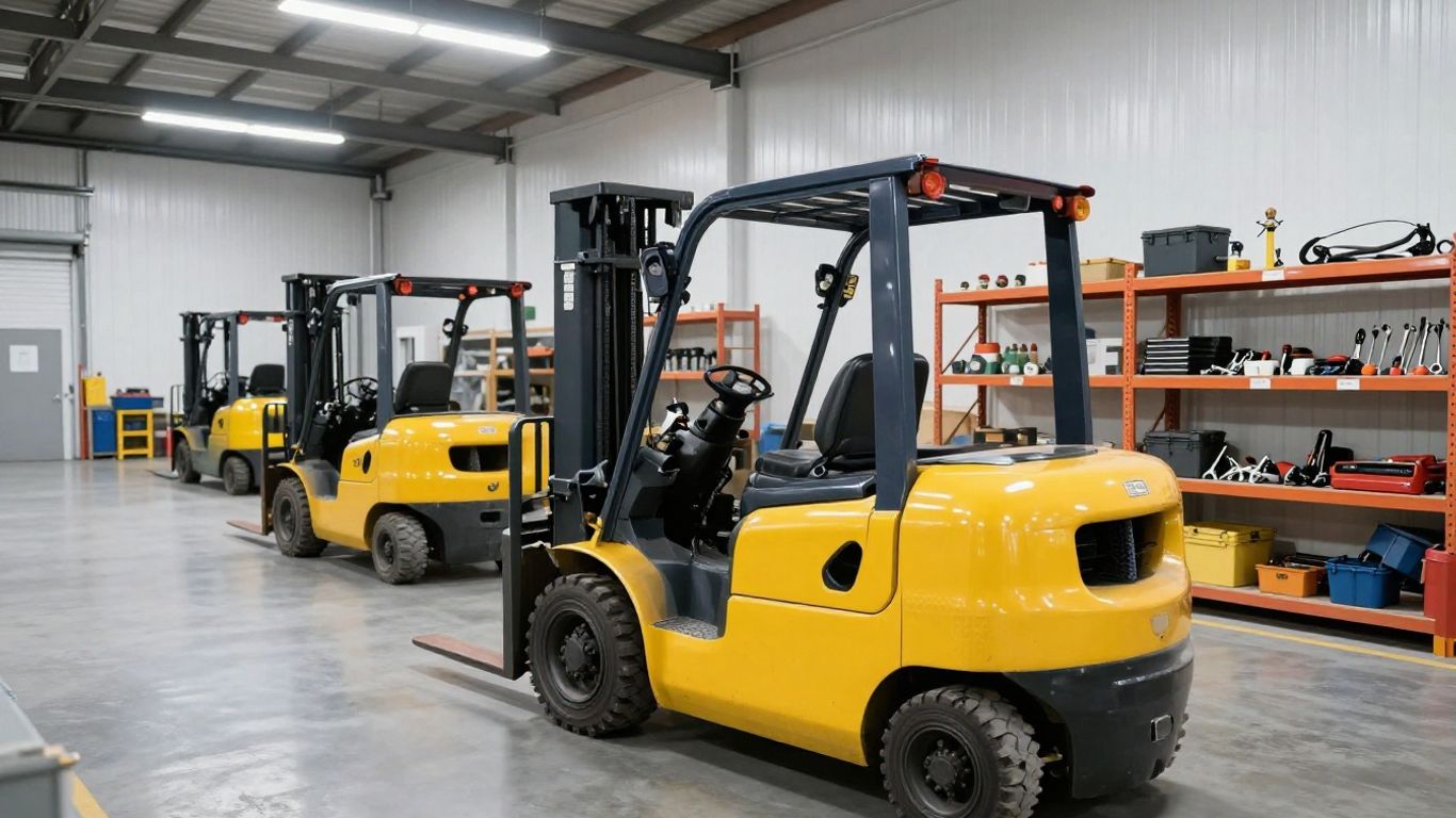 โฟล์คลิฟท์จอดอย่างเป็นระเบียบพร้อมอุปกรณ์บำรุงรักษา