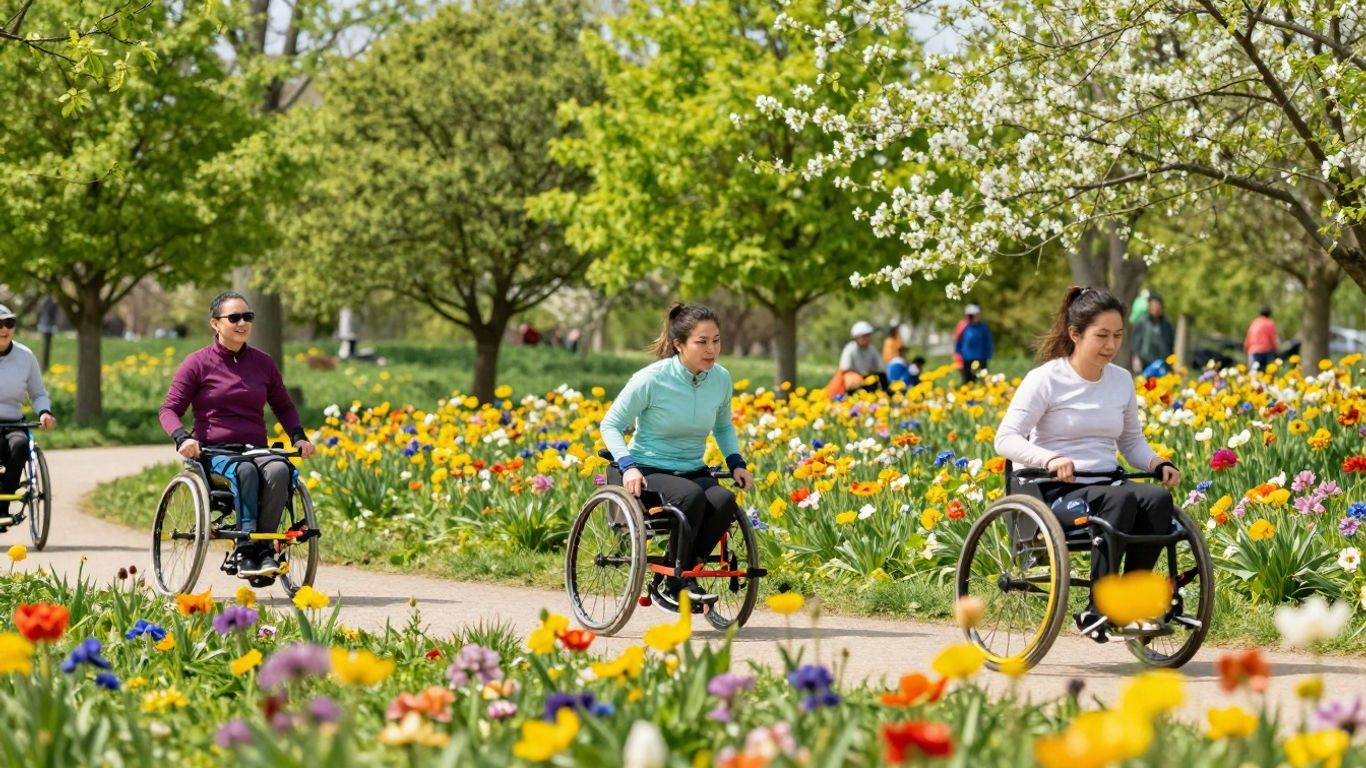 People enjoying adaptive sports in a beautiful spring outdoor setting.