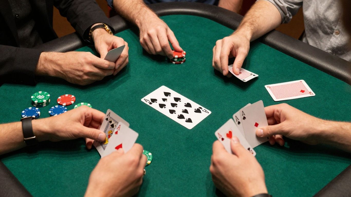 Four players playing Spades card game at table