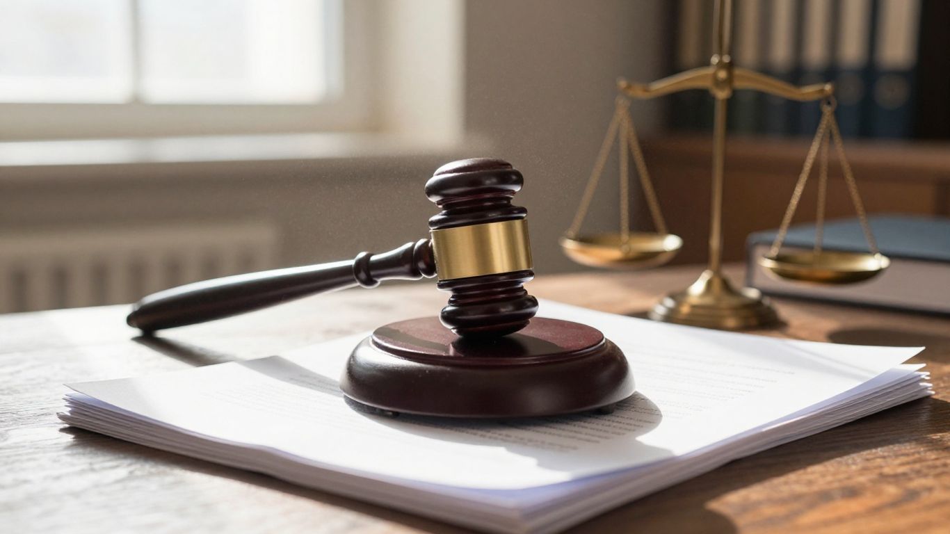 Gavel and legal documents with courthouse background.