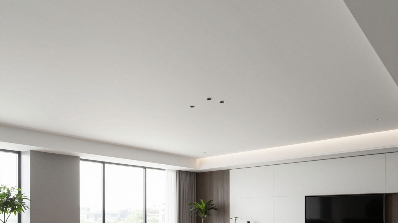 Modern living room with a white stretch ceiling.
