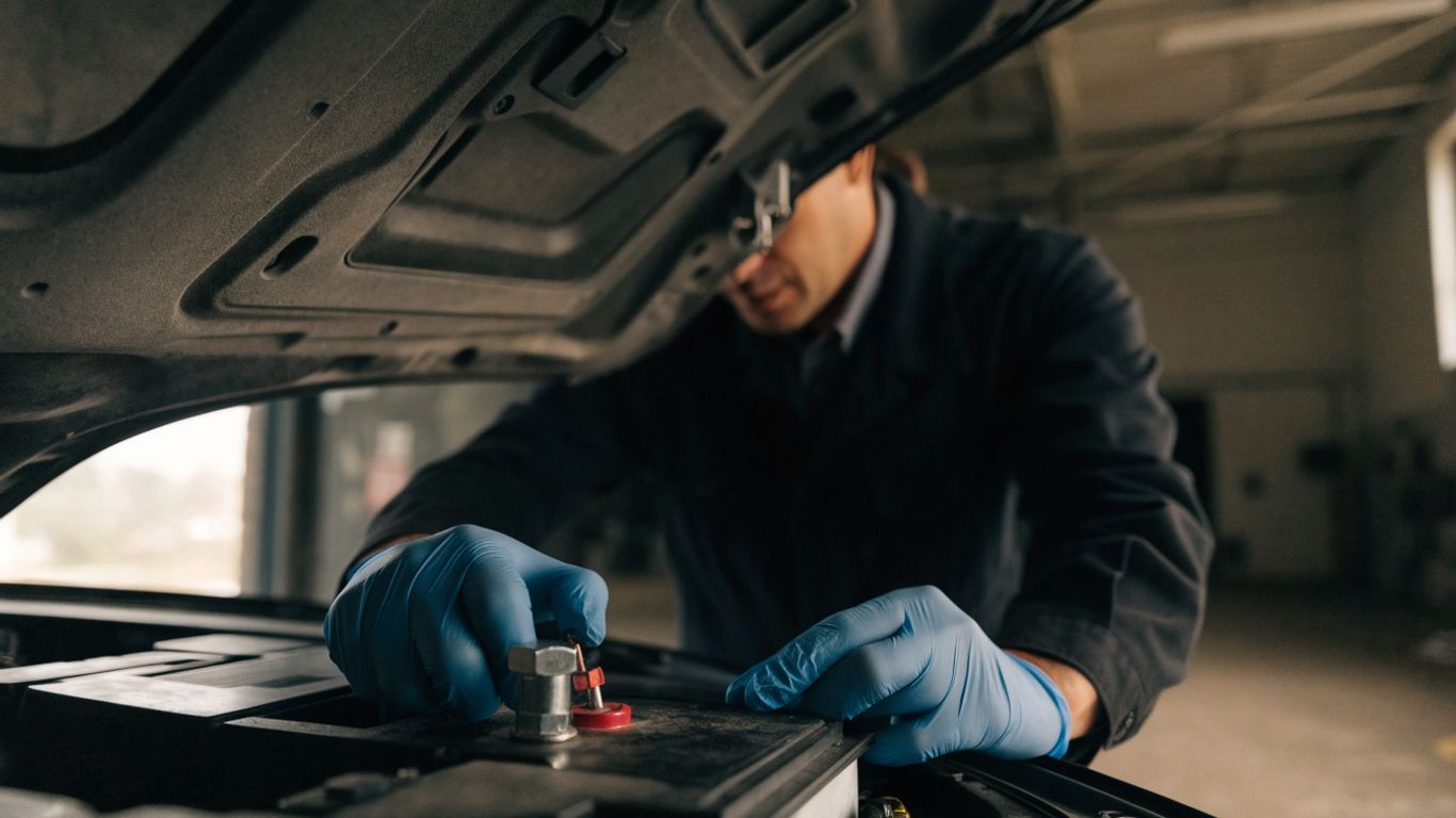 Technician inspecting a car battery in a parked SUV