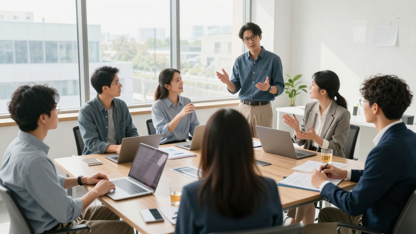 Sales team collaborating in a modern office.