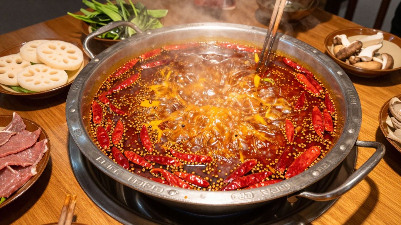 Red Sichuan hot pot with shared ingredients