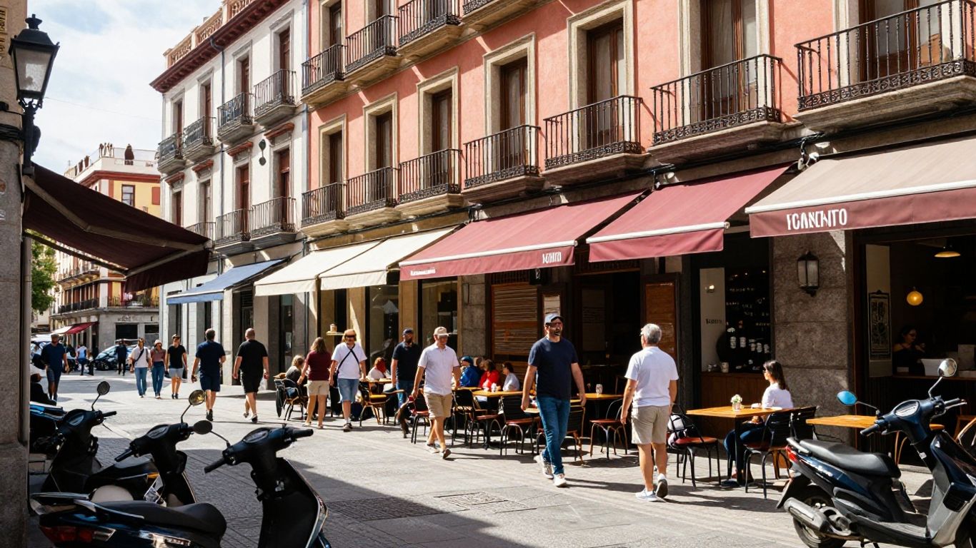 Madrid street with cafes and people