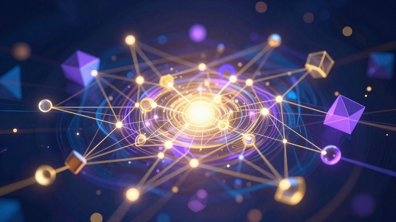 Abstract digital network with interconnected nodes and glowing lines.