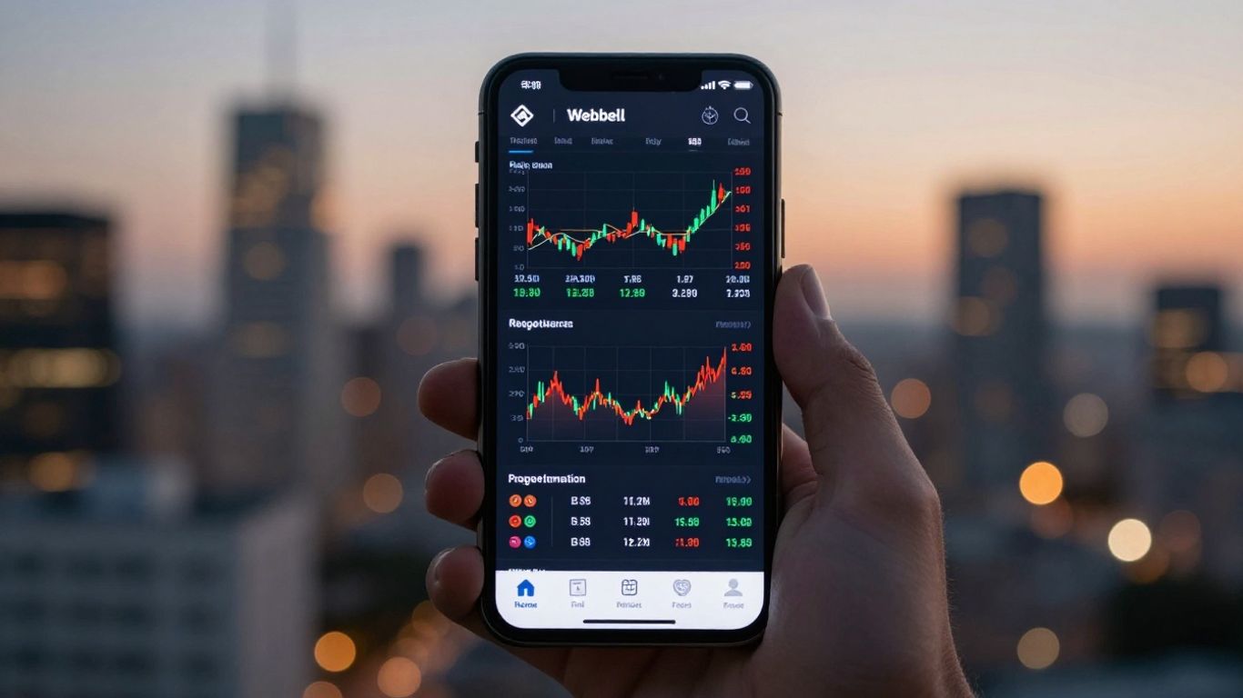 Webull app on a smartphone with stock chart.