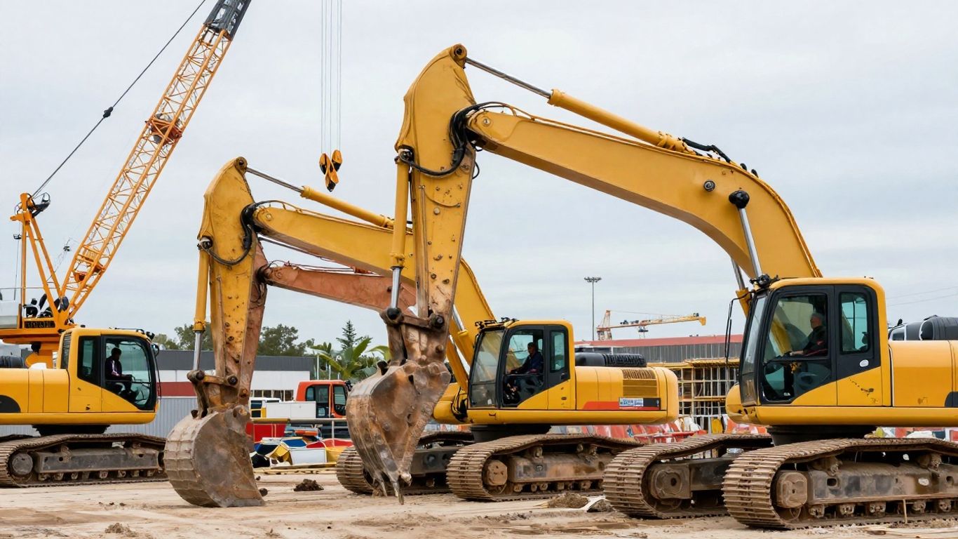 Construction site with heavy machinery and operators working.