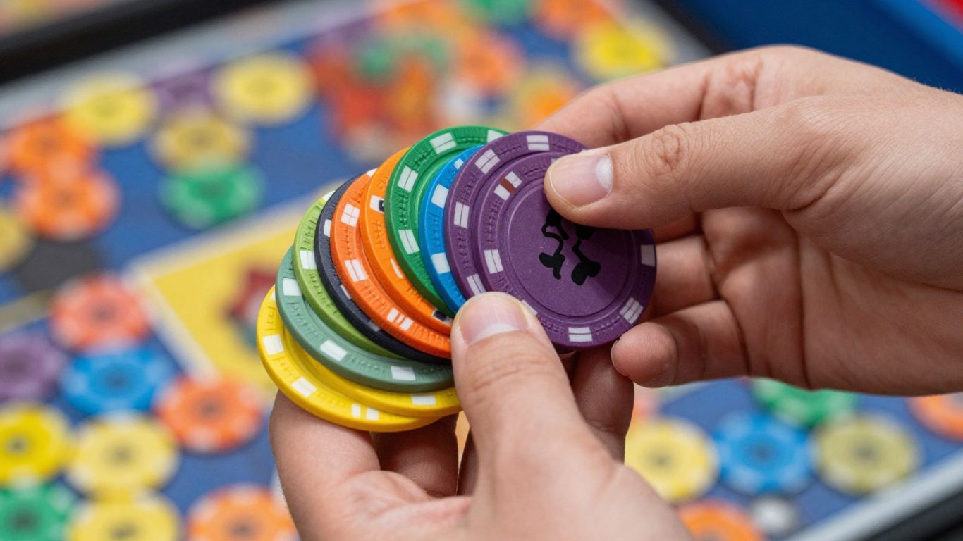 Hand holding colorful game tokens, blurred gaming background.