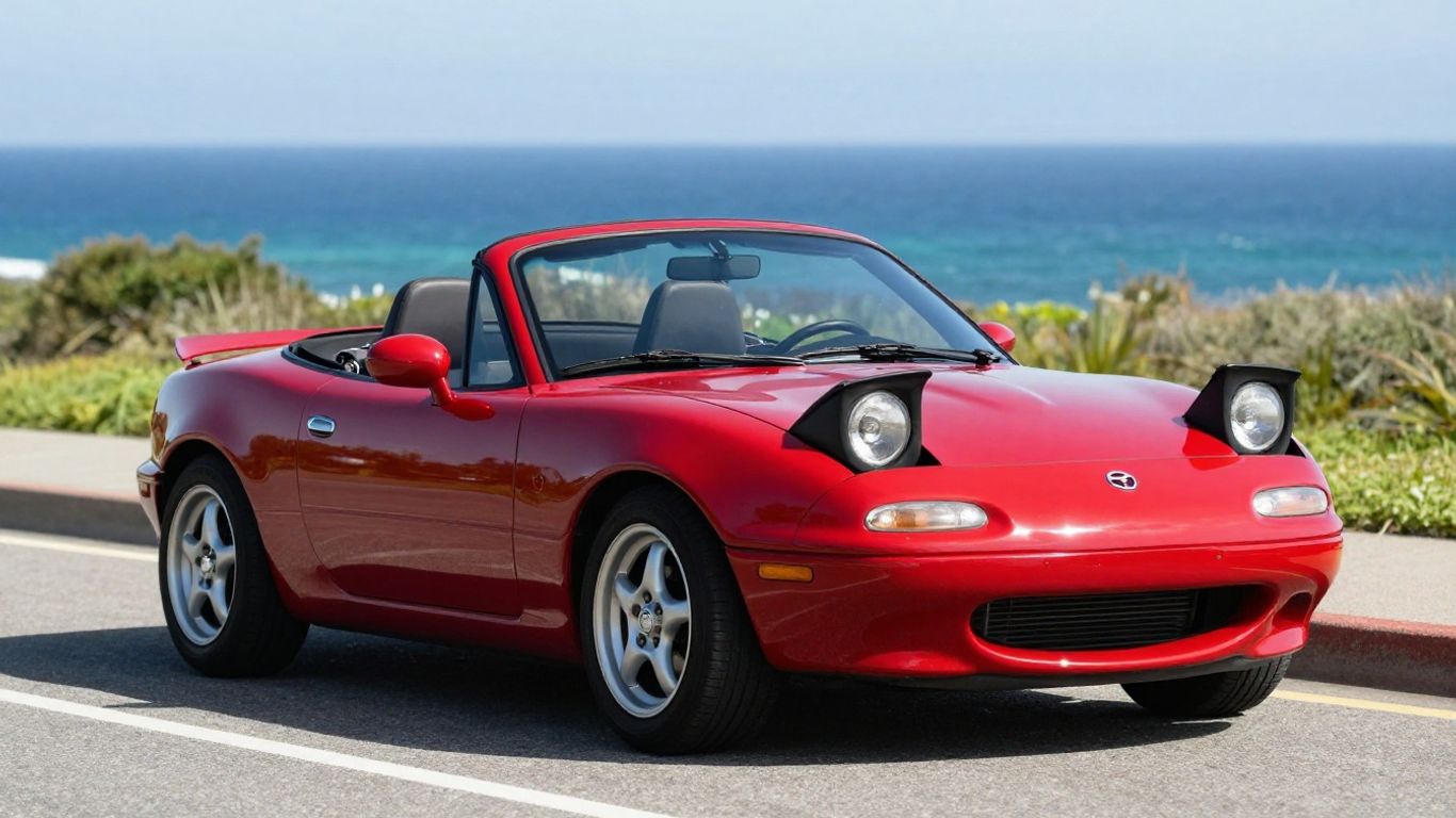 Red Mazda MX-5 Miata convertible on a coastal road.