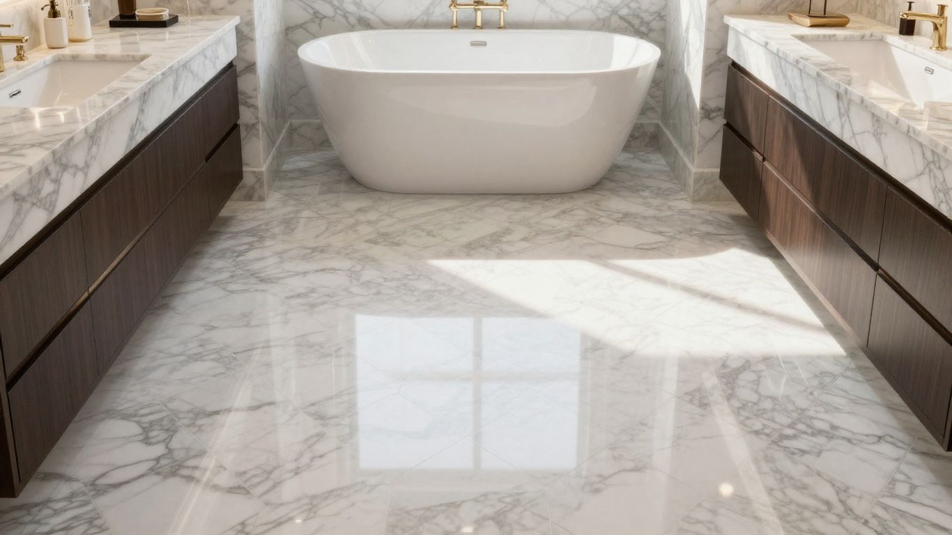 Hexagon marble tile floor in a luxury bathroom.