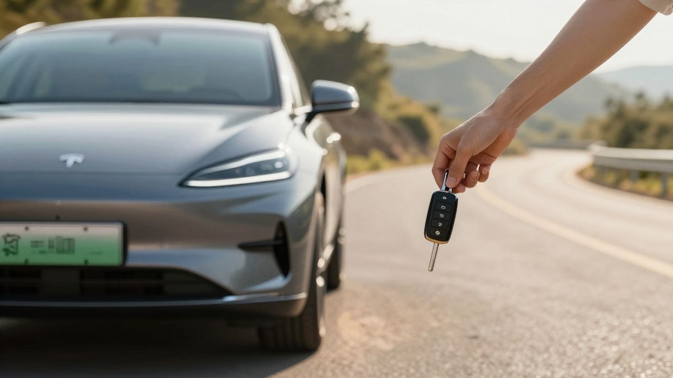 Shiny new car keys and a car on a road.