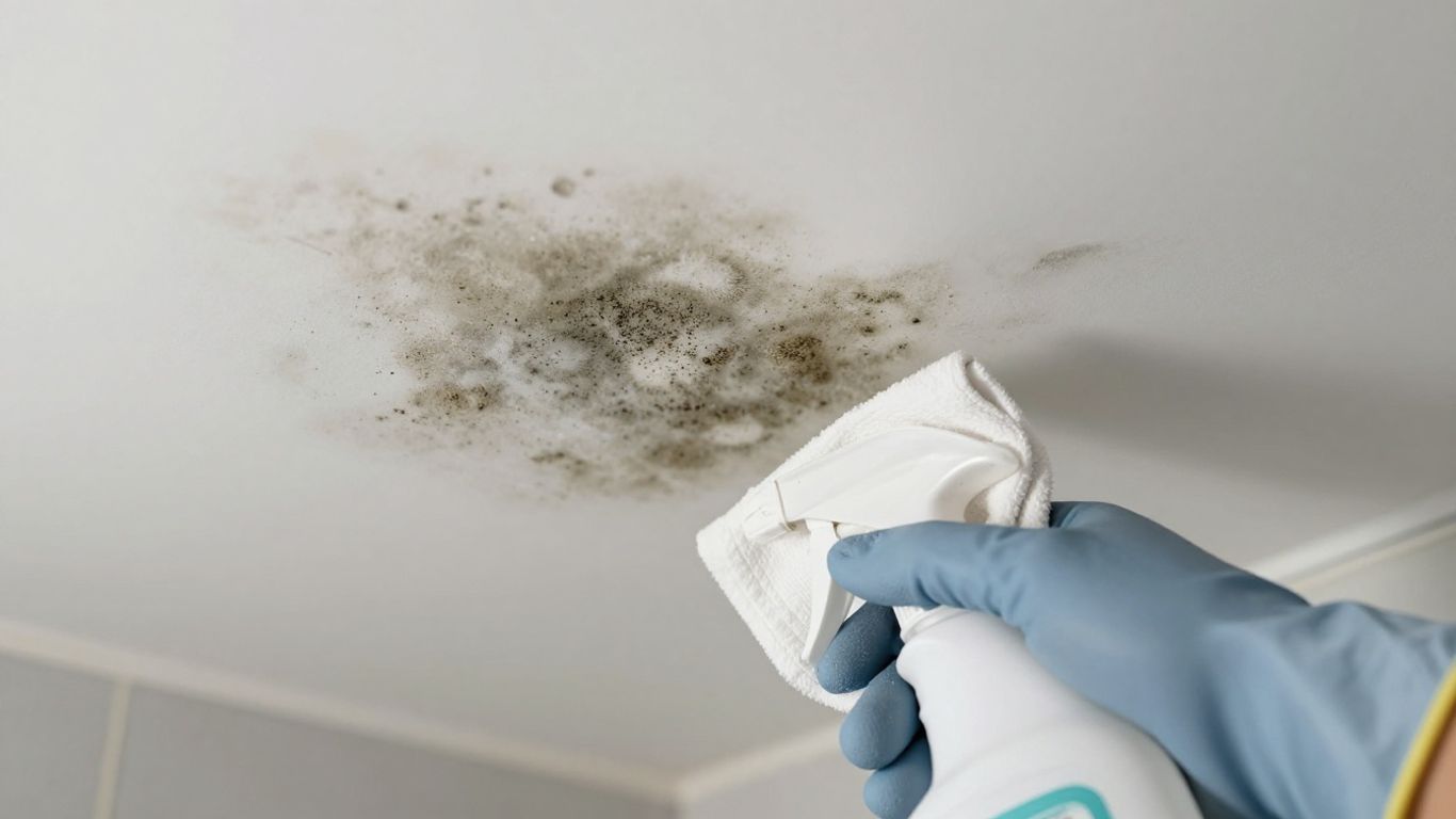 Cleaning mold from a bathroom ceiling with spray and cloth.
