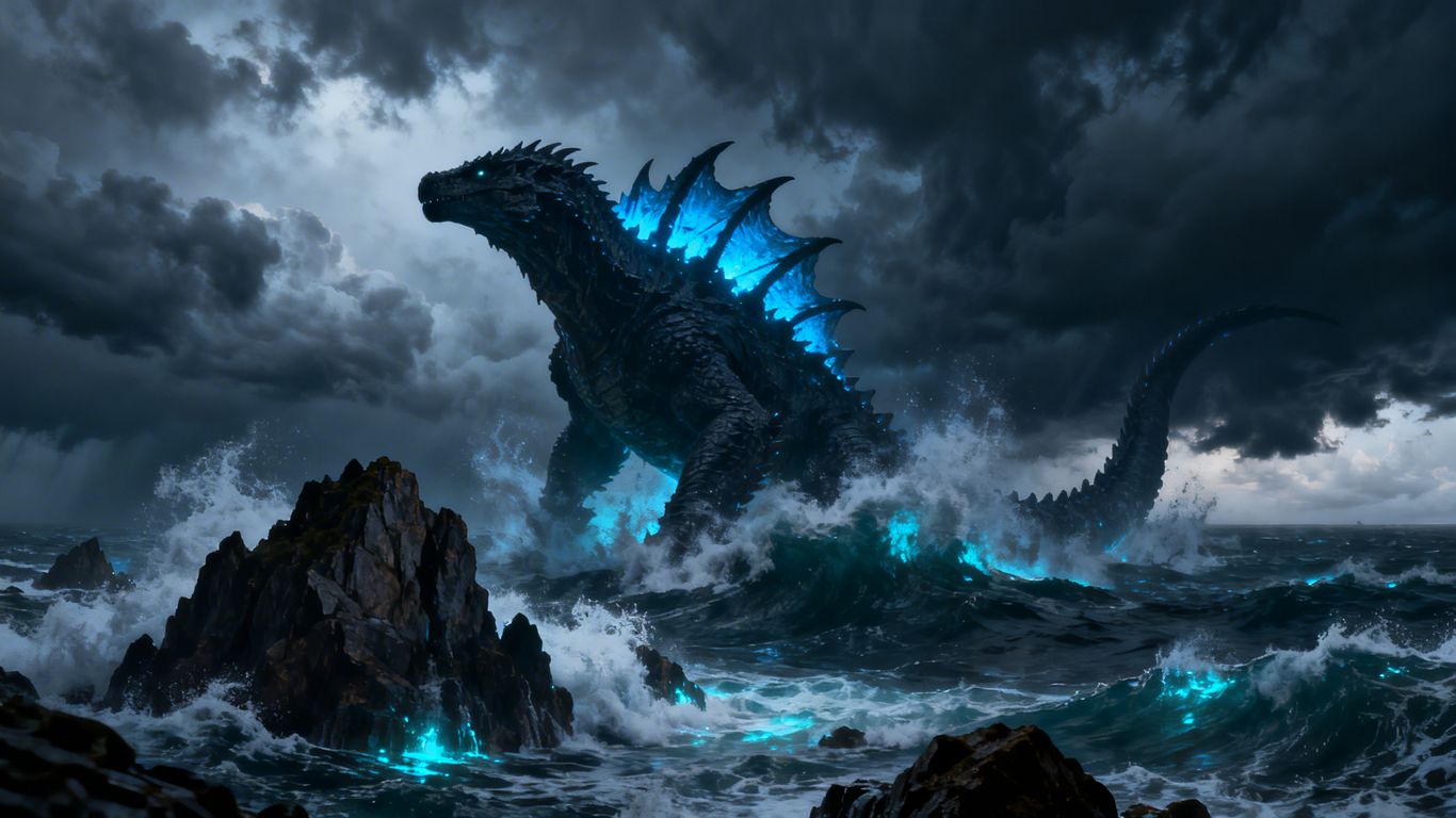 Godzilla emerges from stormy ocean waters.