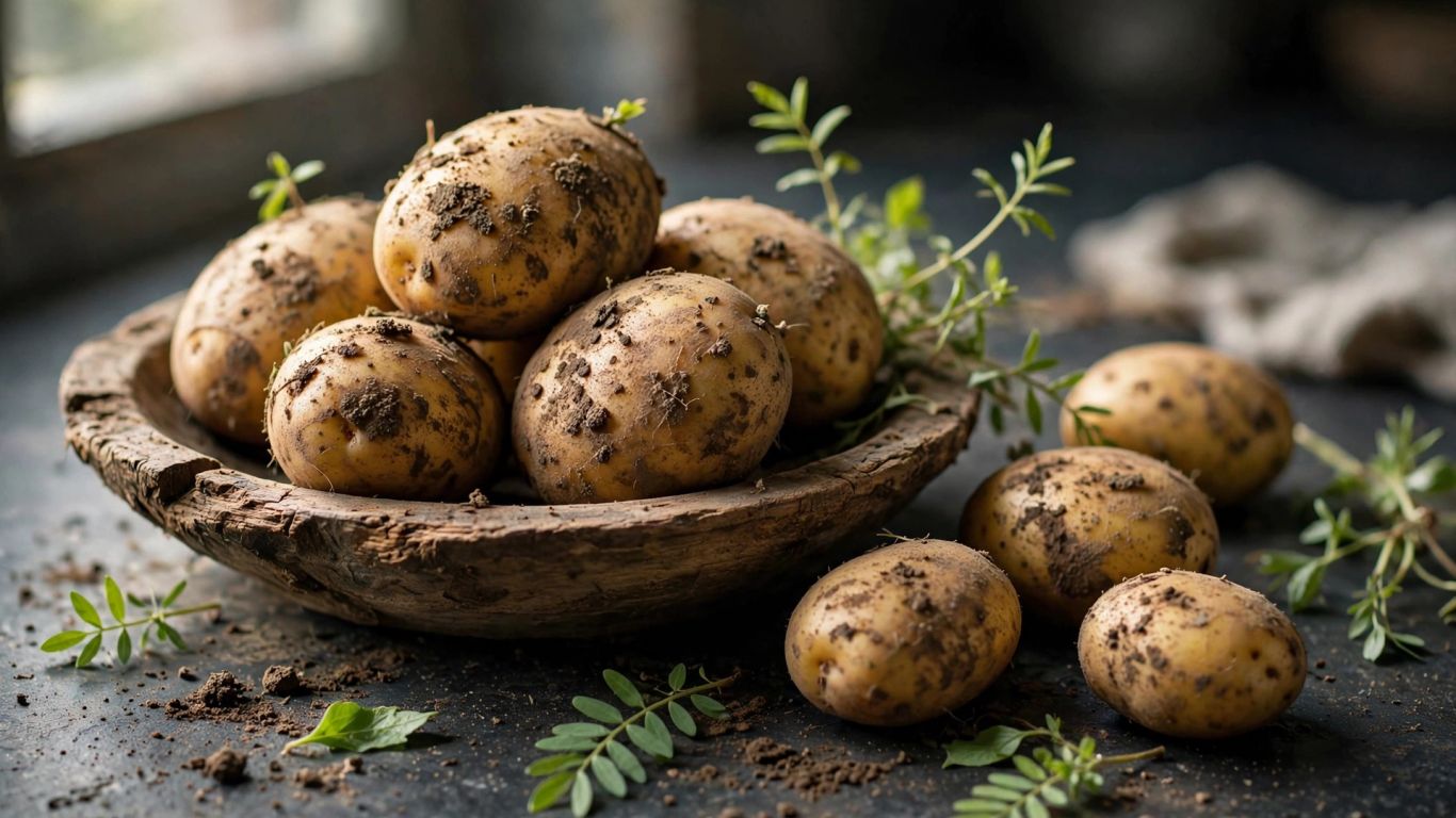 Biologische aardappelen in een rustieke houten schaal