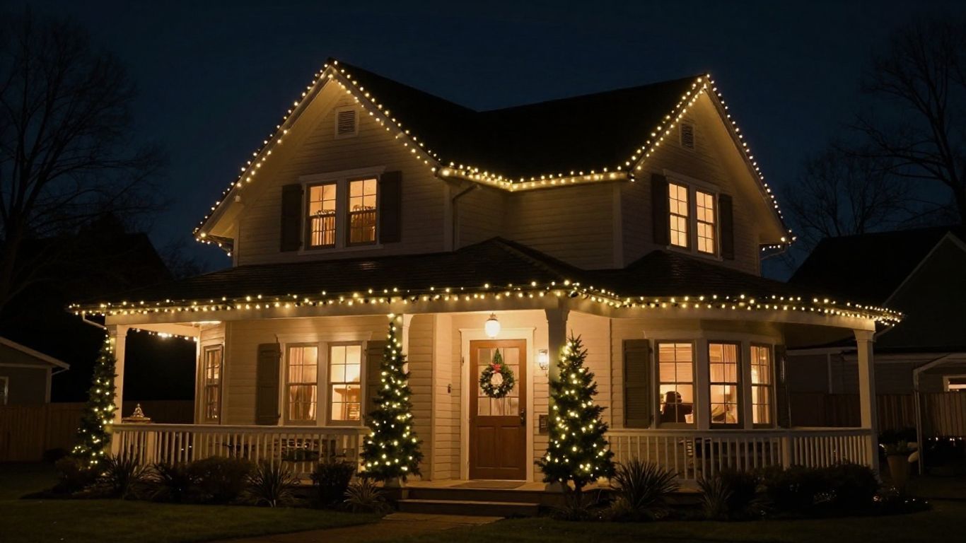 House with permanent Christmas lights glowing at night.