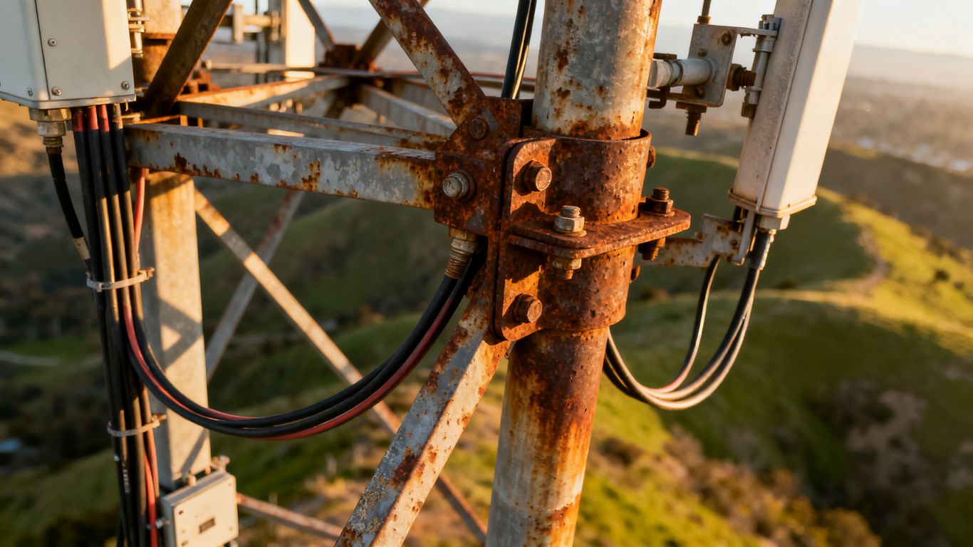 Close aerial view of cell tower hardware