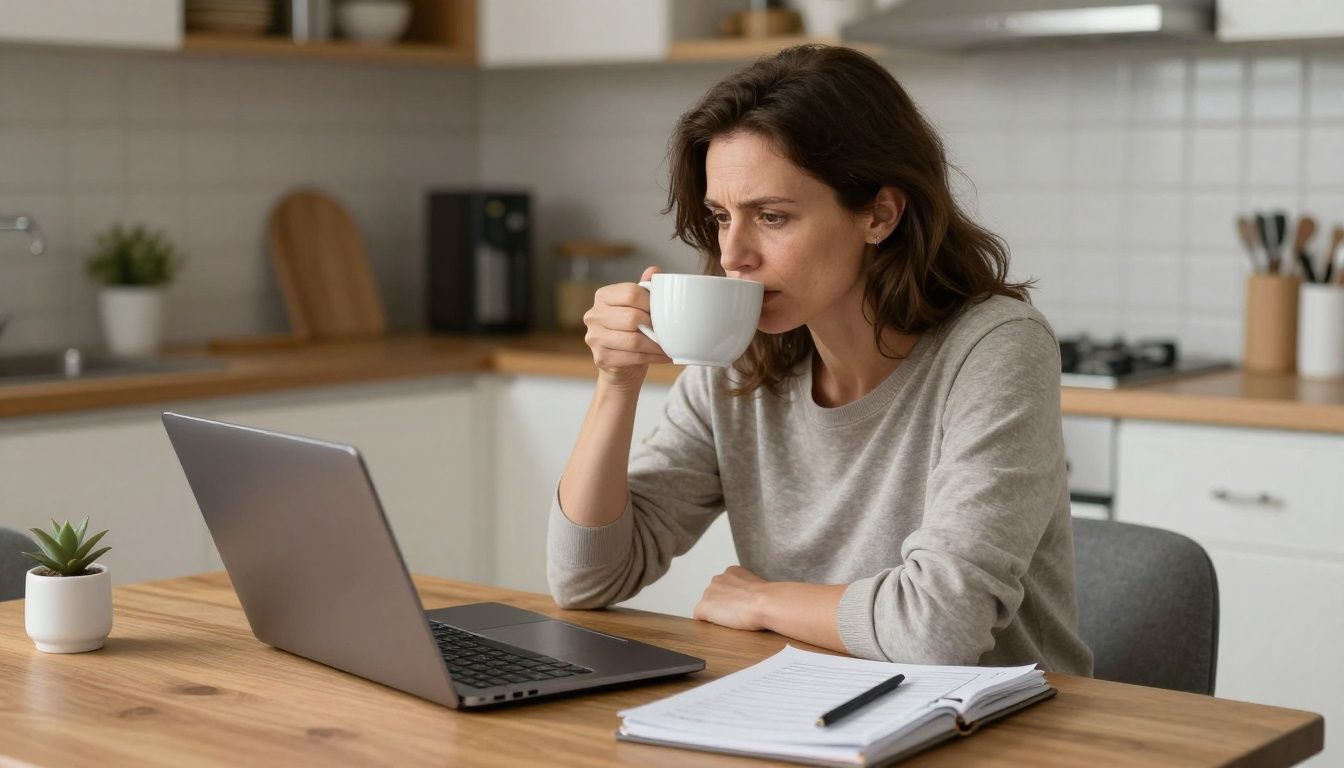 A tired but resilient-looking woman in her 40s sitting at a kitchen table, taking a quiet moment with a cup of tea, with a laptop and a notebook filled with lists visible nearby.