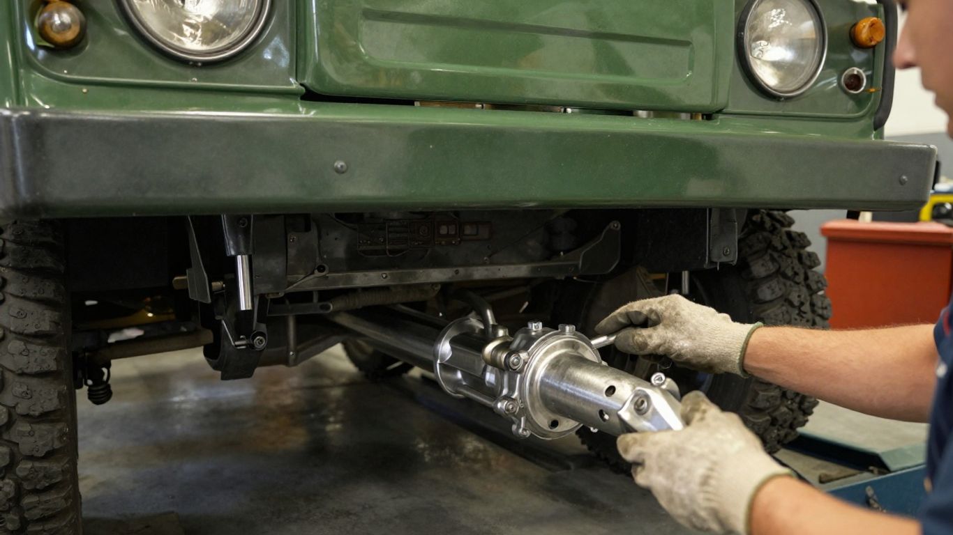 A Land Rover drivetrain viewed beneath vehicle