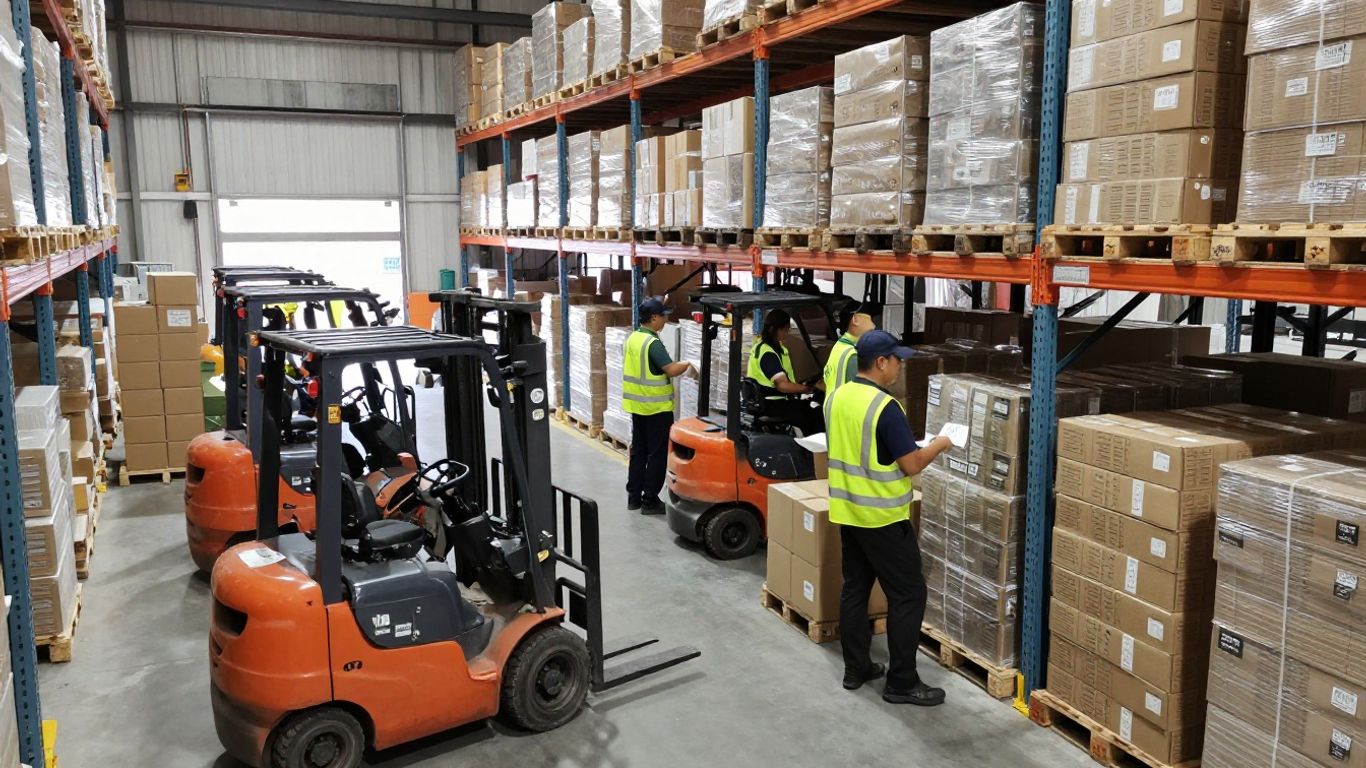 Warehouse interior with forklifts and organized inventory.