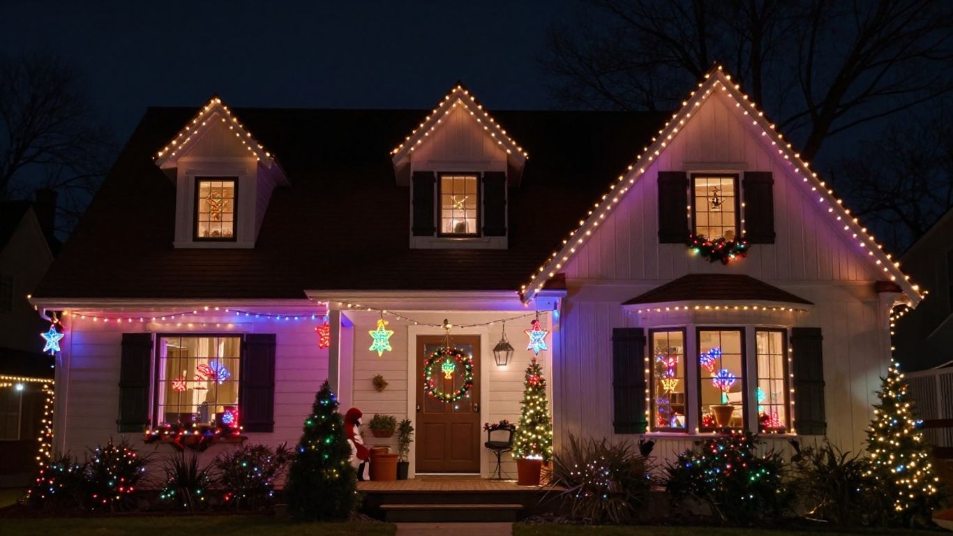 House decorated with professional Christmas lights in Swansea.