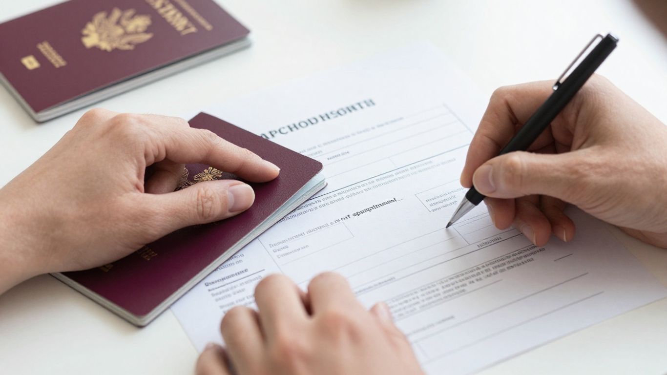 Applicant organizing visa forms and passport
