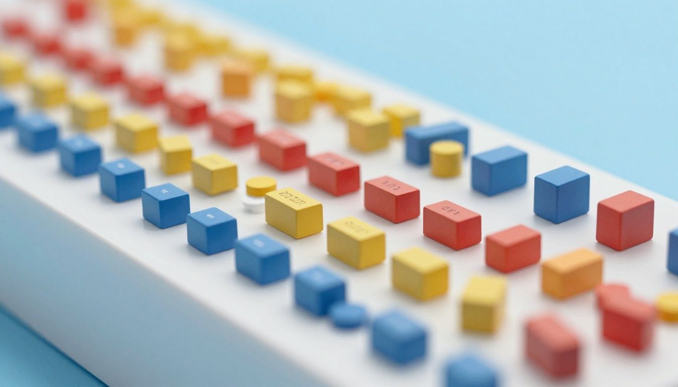 Um labirinto minimalista com blocos coloridos contendo frases de regra flutuando em um ambiente abstrato