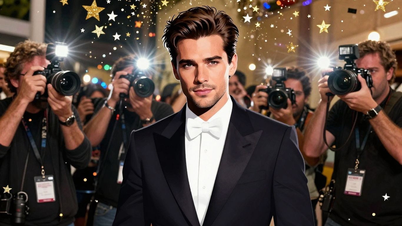 Hollywood celebrity news with flashing cameras and stars.