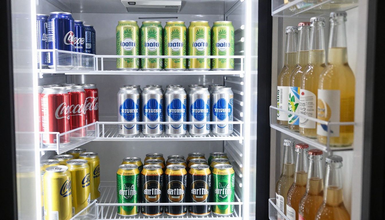 A perfectly organized beverage fridge with clear zones for beer cans, soda cans, and tall sparkling water bottles.