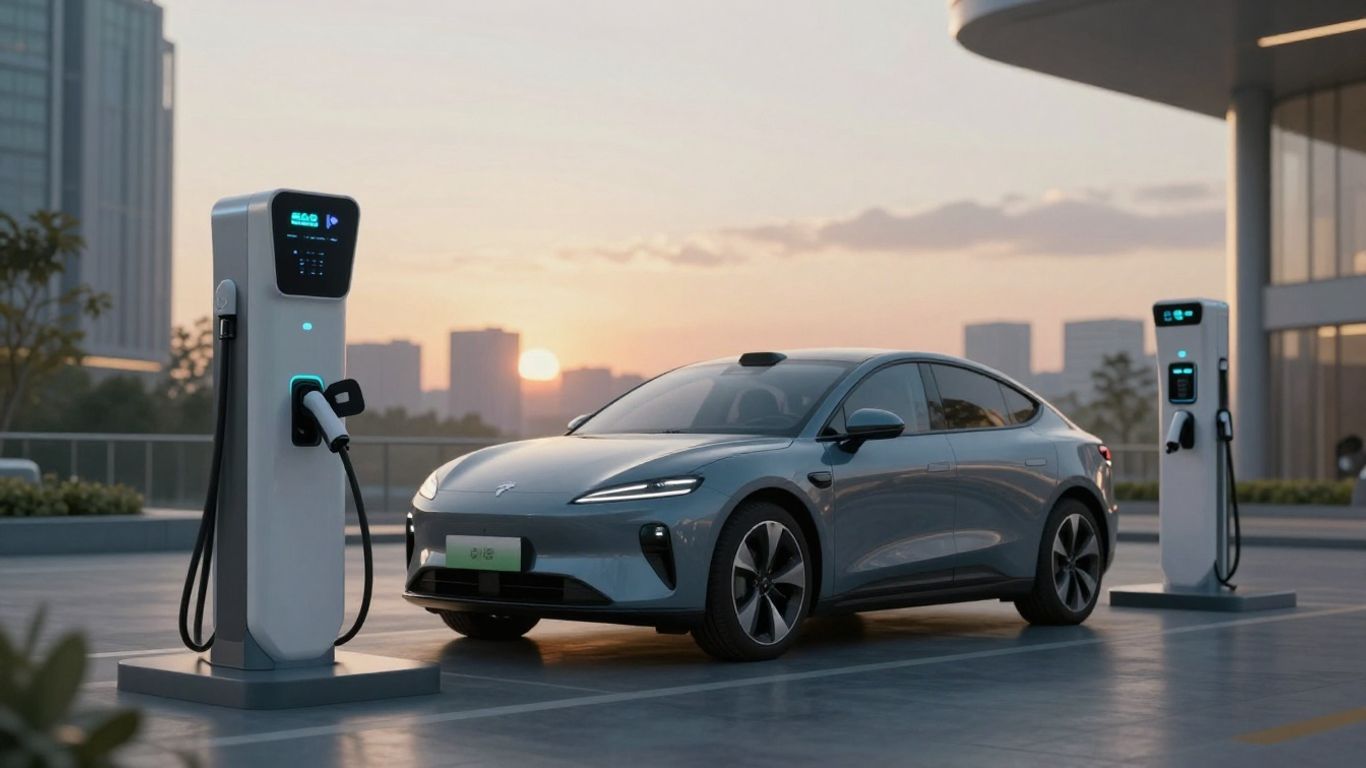 Mașină electrică încărcând la stație, pe fundal urban.