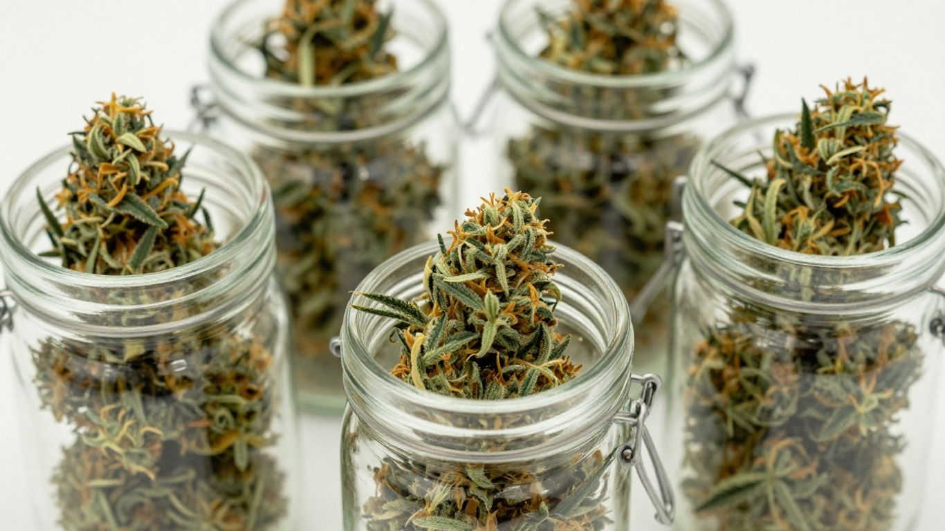 Cannabis buds in airtight glass jars for storage.