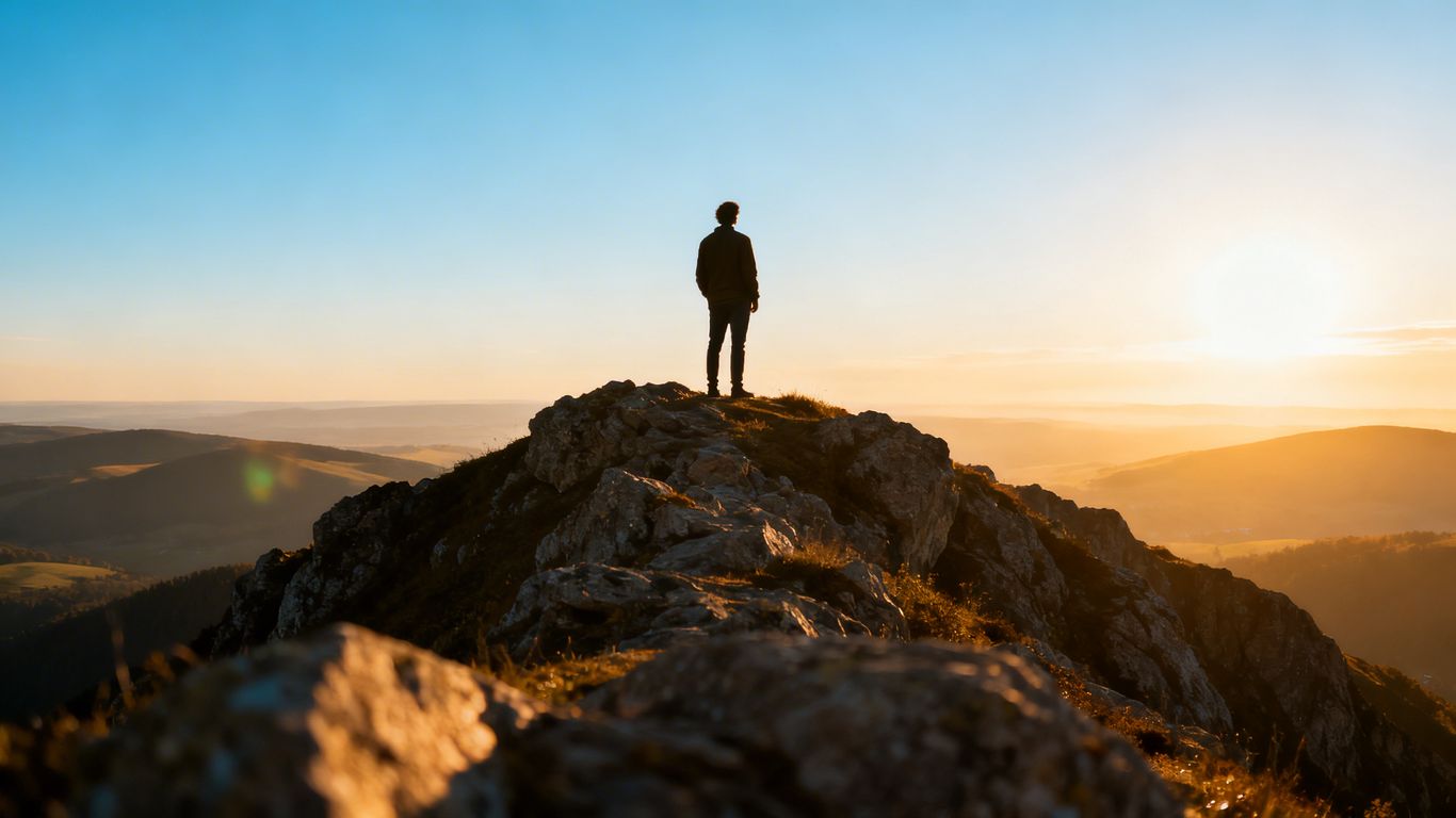 Person on mountaintop enjoying a peaceful landscape.