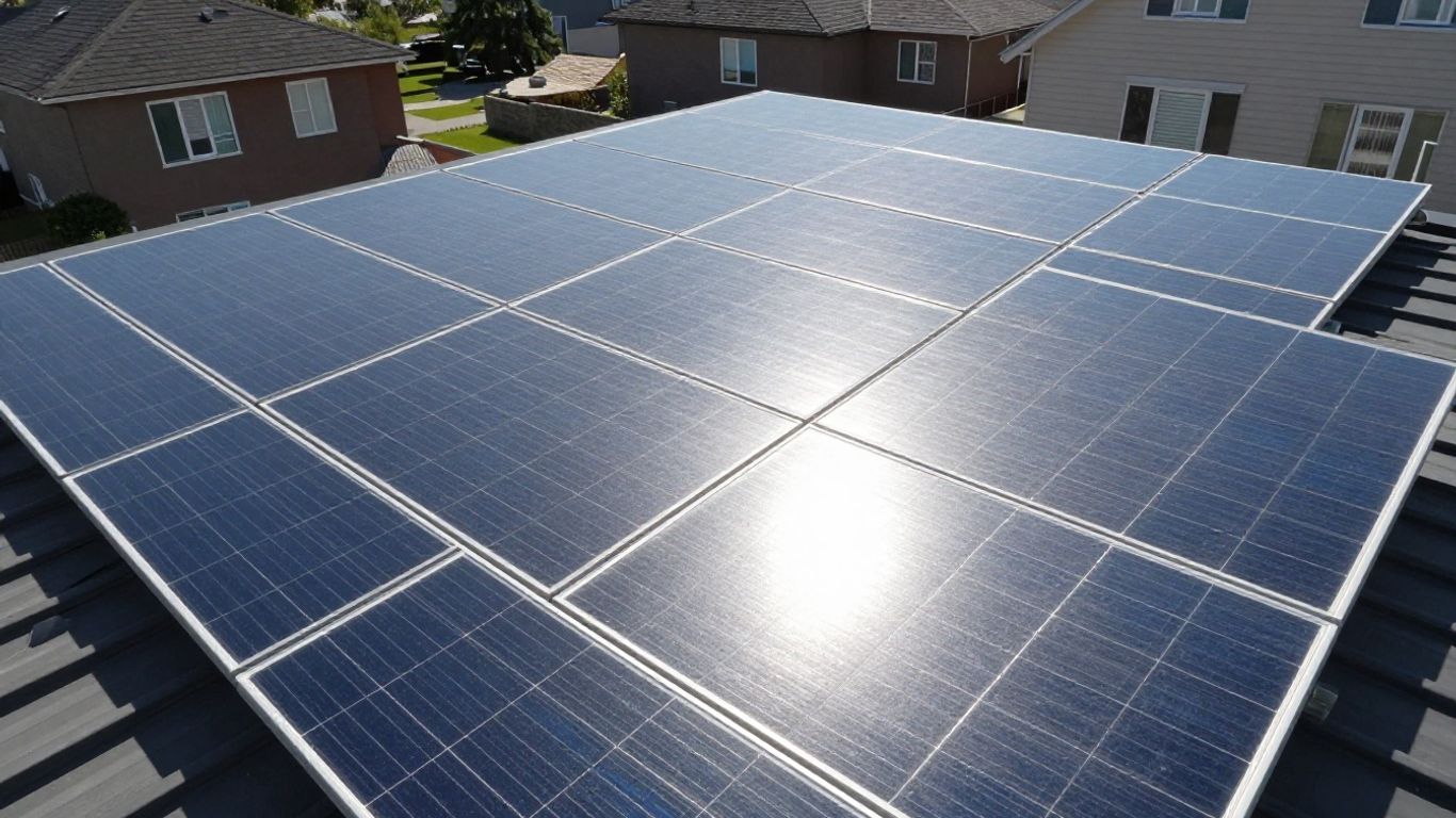 Panneaux solaires sur un toit résidentiel sous le soleil.