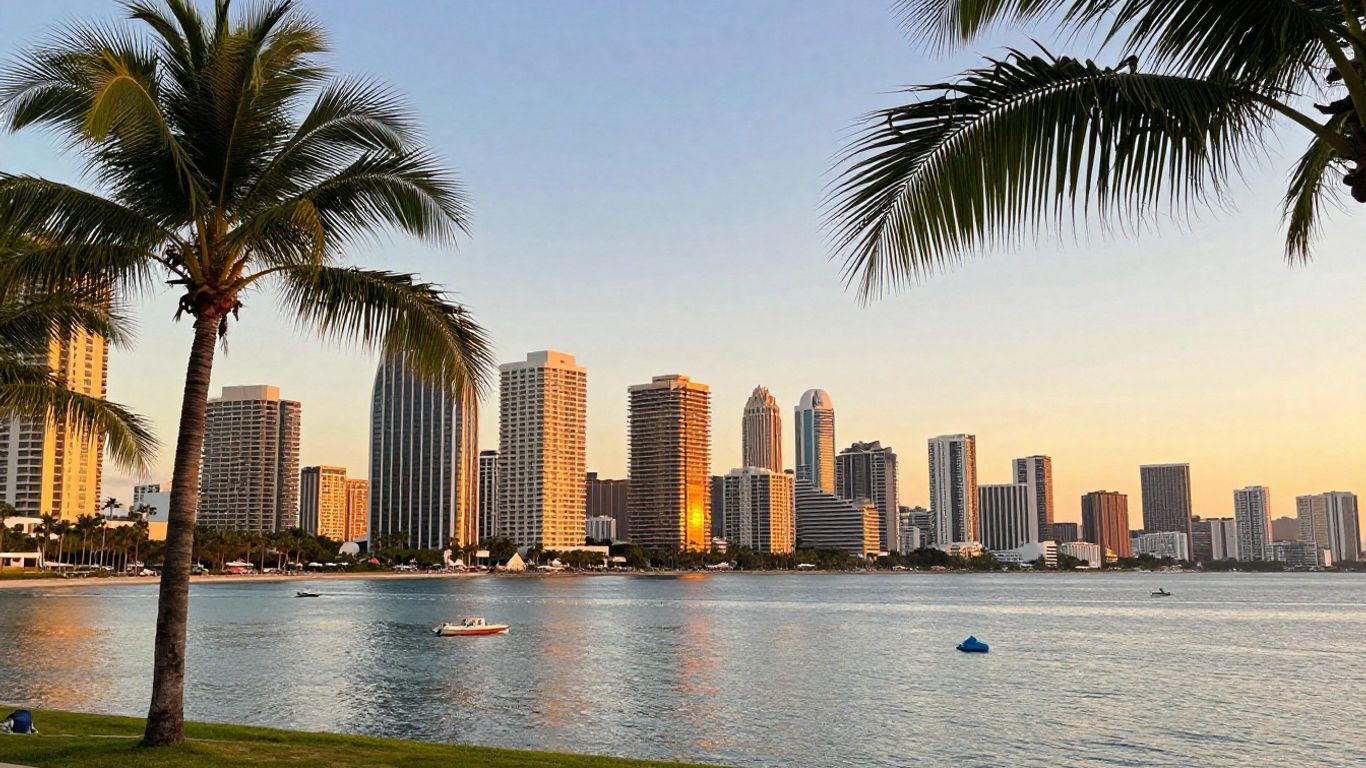 Gold Coast skyline with ocean and palm trees.