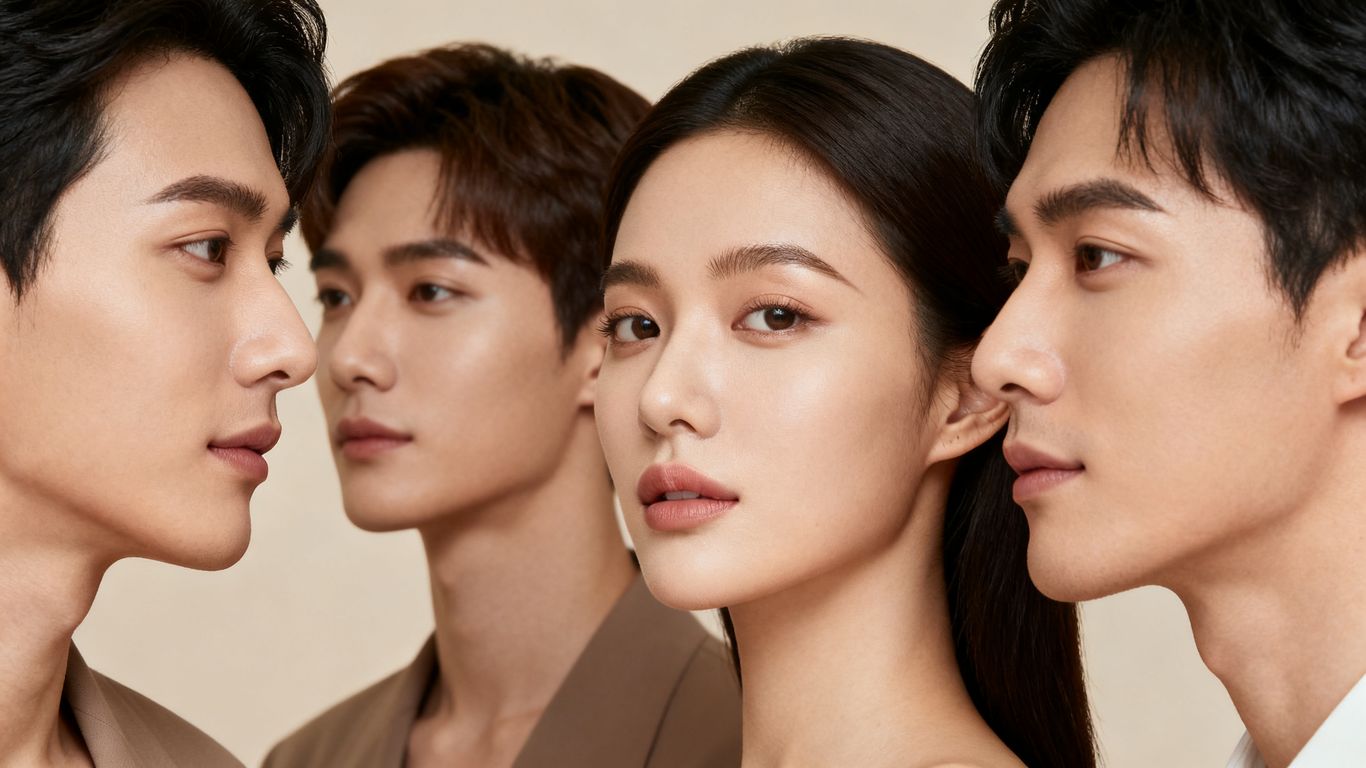 Diverse individuals with refined facial features and balanced profiles.