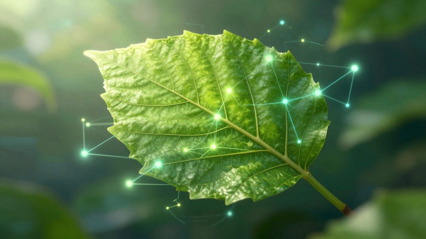 Green leaf with digital network veins and glowing data streams.