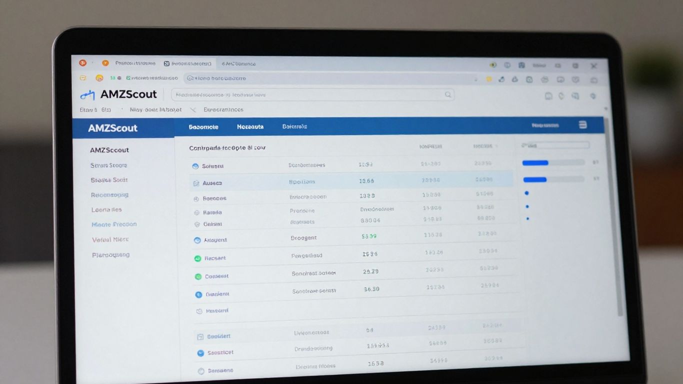 AMZScout software interface on a laptop screen.