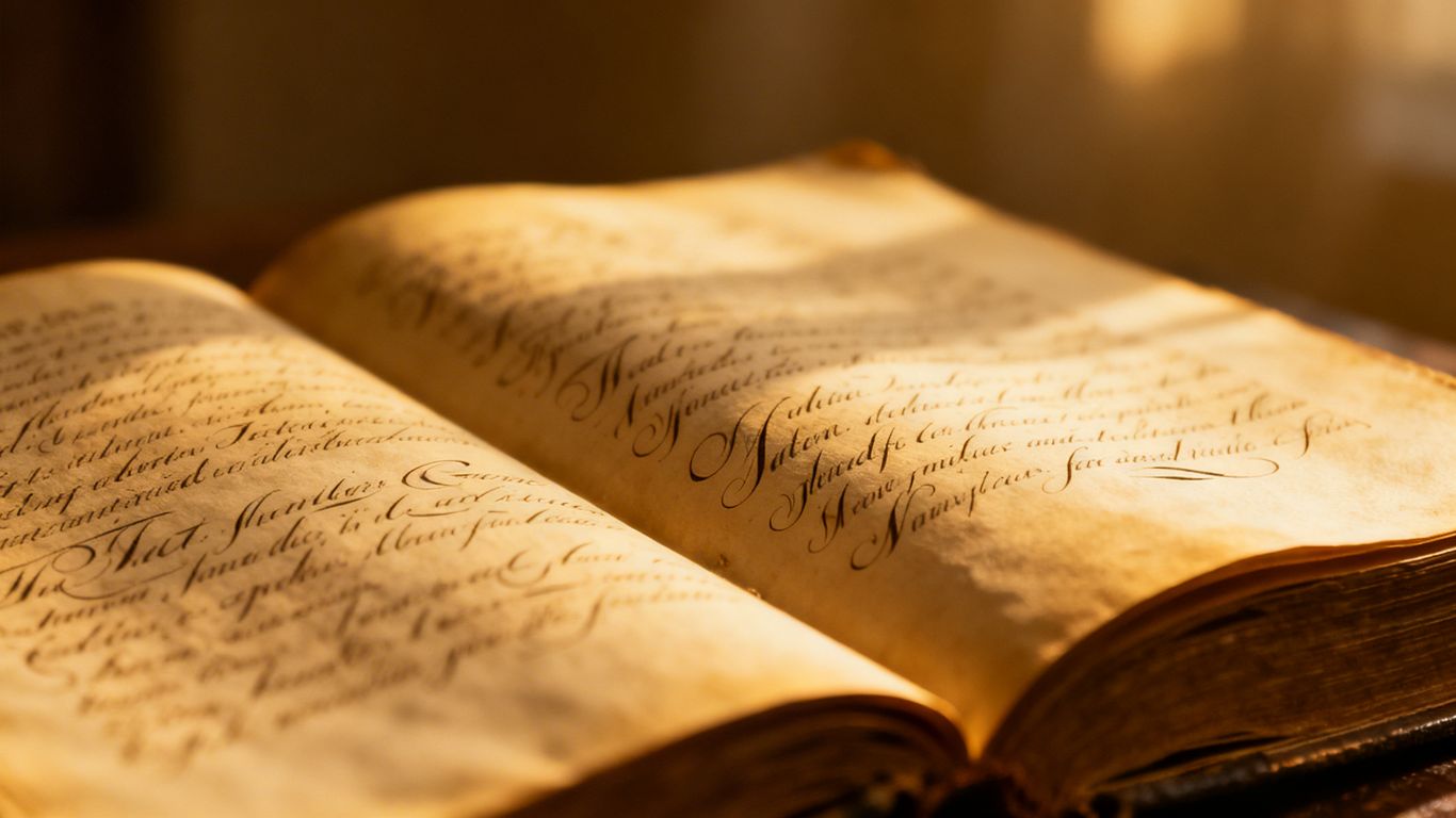 Open antique book with elegant script on pages.