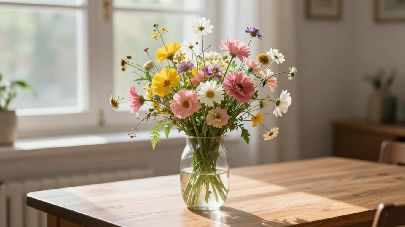 Fresh seasonal blooms in a glass vase