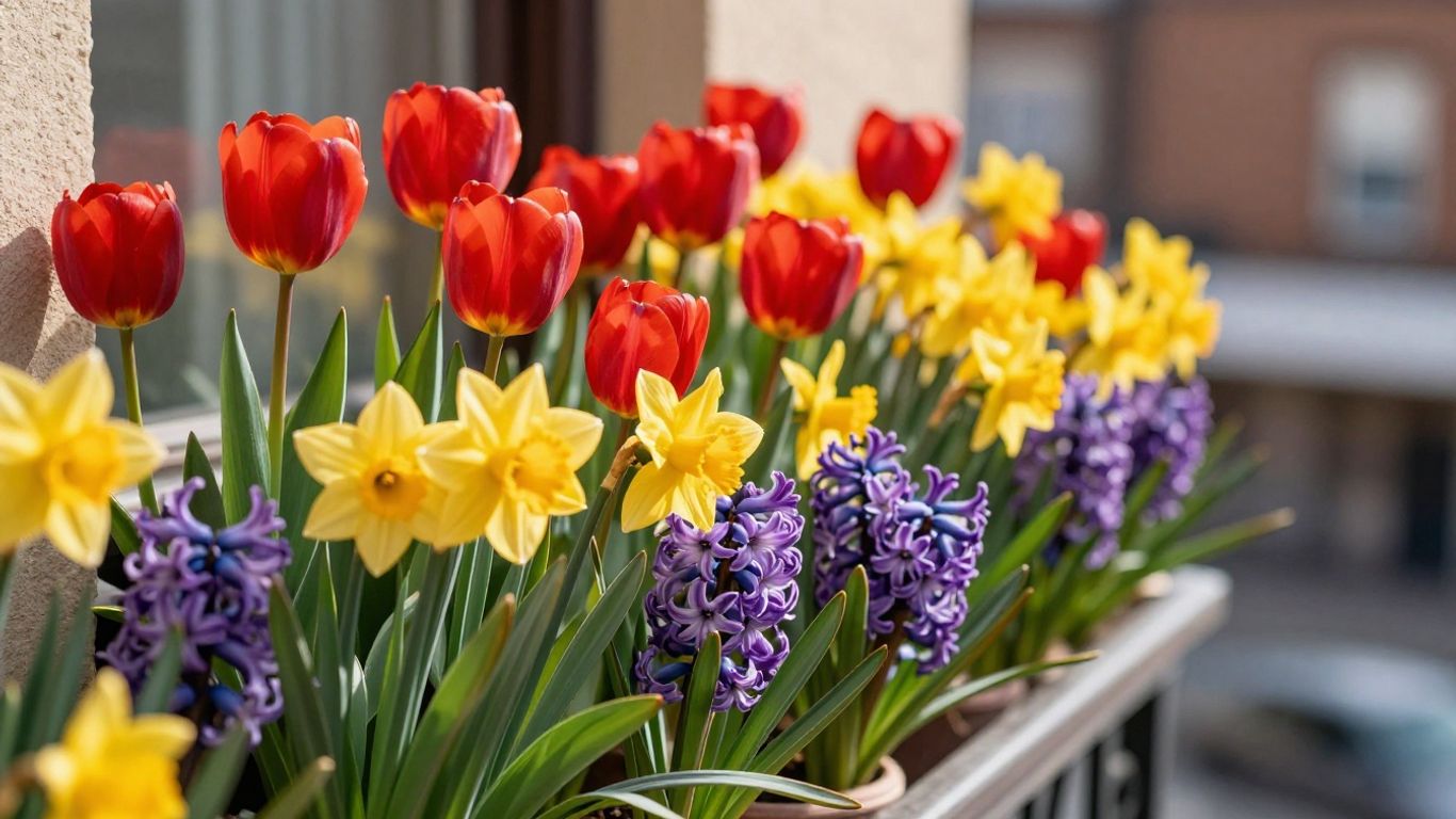 Balkon mit bunten Frühlingsblumen