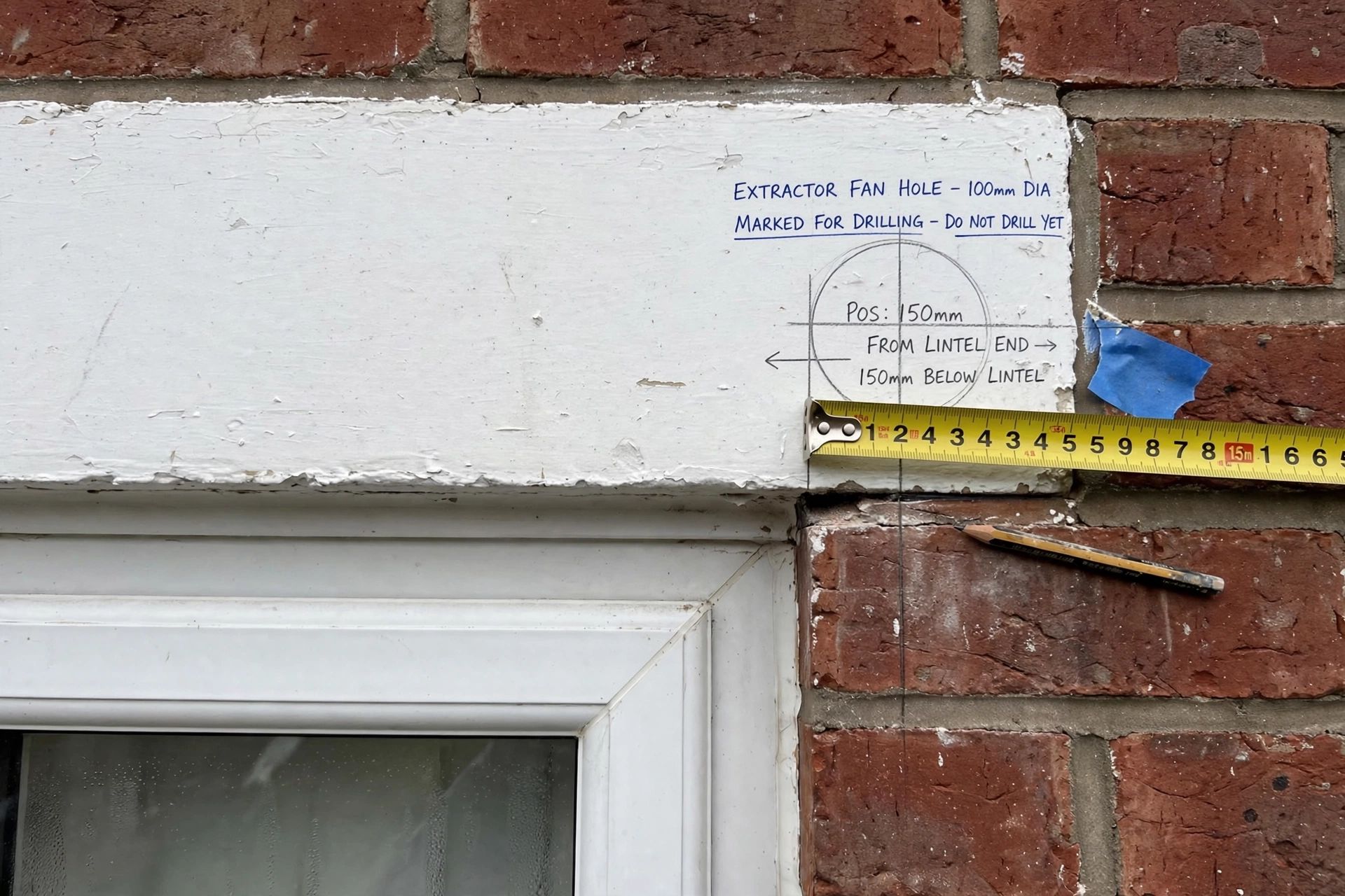 Extractor fan hole position marked to the side of a window lintel before drilling