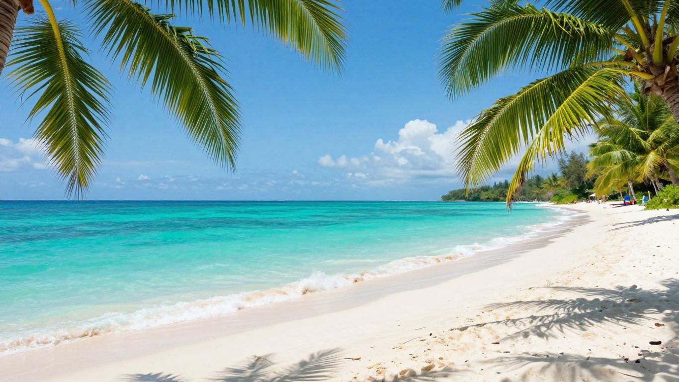 Serene Caribbean beach with turquoise water and palm trees.