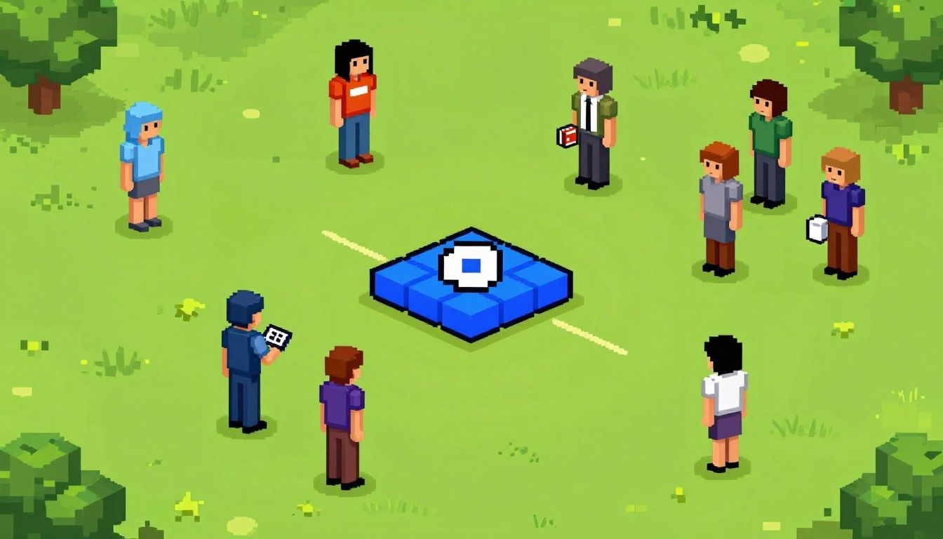 Personagens fofos em pixel art encarando blocos de texto que formam regras complexas em um cenário de desafio