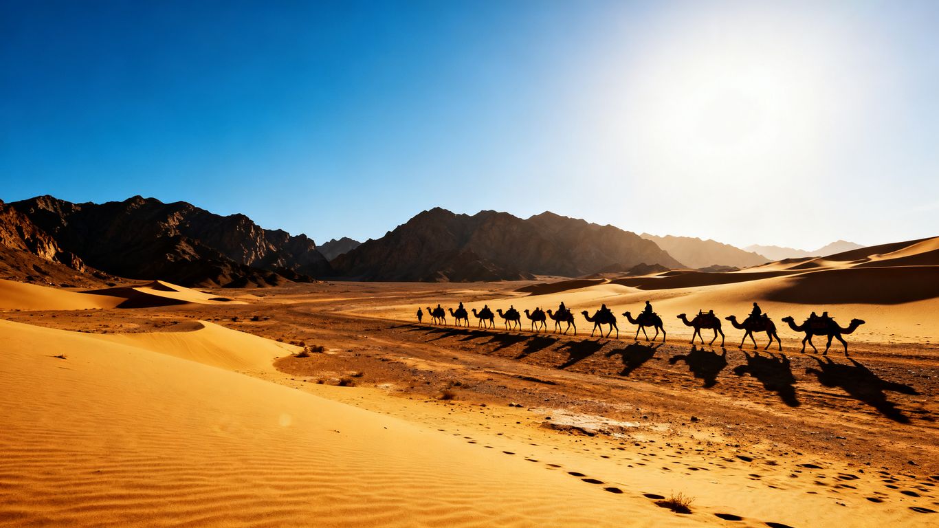 Camels crossing a desert on the Silk Road.