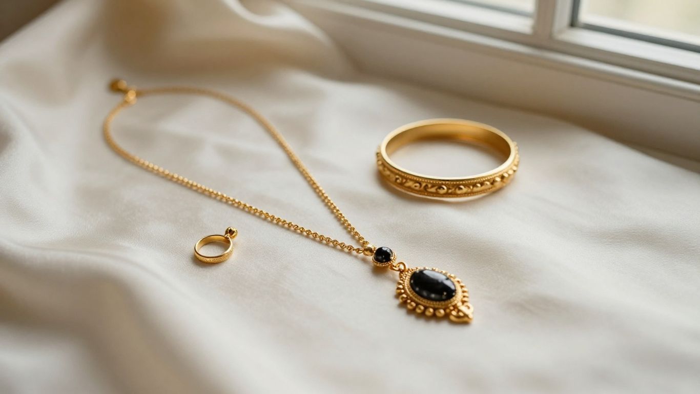 Gold wedding jewelry arranged beside silk fabric